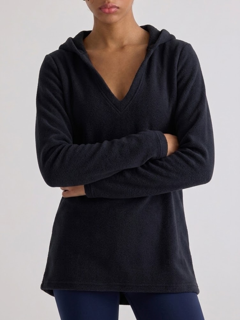 GO Couture Pullover V Front Tunic Hoodie Womens Size Small XS Black Cozy Fleece